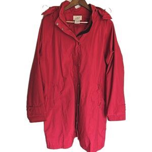 LL Bean Women's Red Hooded Knee-Length Rain Jacket Trench Coat Full Zip Size XL